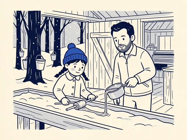 Num bosque com neve, Léa enrola o xarope de bordo num palito. Só o gorro dela está em cor, azul.