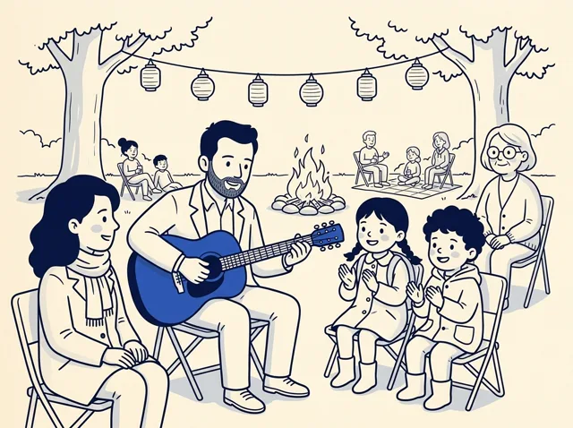 Numa festa ao ar livre, com fogueira e lanternas, Tom toca violão e as crianças batem palmas. Só o violão está em cor, azul.