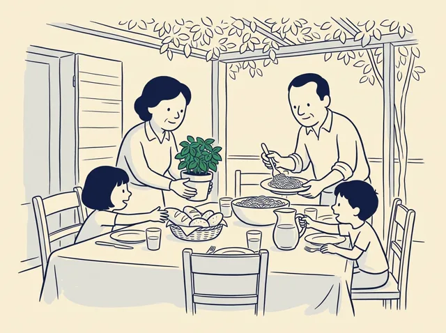 Num almoço de família sob a pérgola, a avó traz um vaso de manjericão para a mesa. Só o manjericão está em cor, verde.
