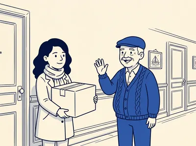 Paul acena para a Mia, com um sorriso largo. Só o Paul está em cor, azul.