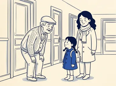 No corredor, Paul se inclina para falar com a Léa, a filha pequena da Mia, que usa uma mochila. Só a Léa está em cor, em azul.