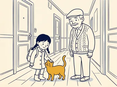 Léa, mais à vontade, faz carinho num gato que sai da casa do Paul. Só o gato está em cor, amarelo.