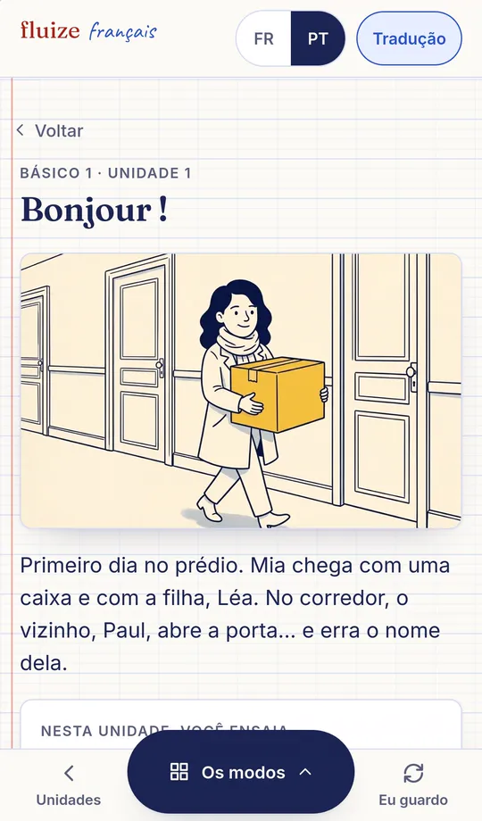 Tela real da unidade 1 no celular: o título, o primeiro quadro e o resumo da cena